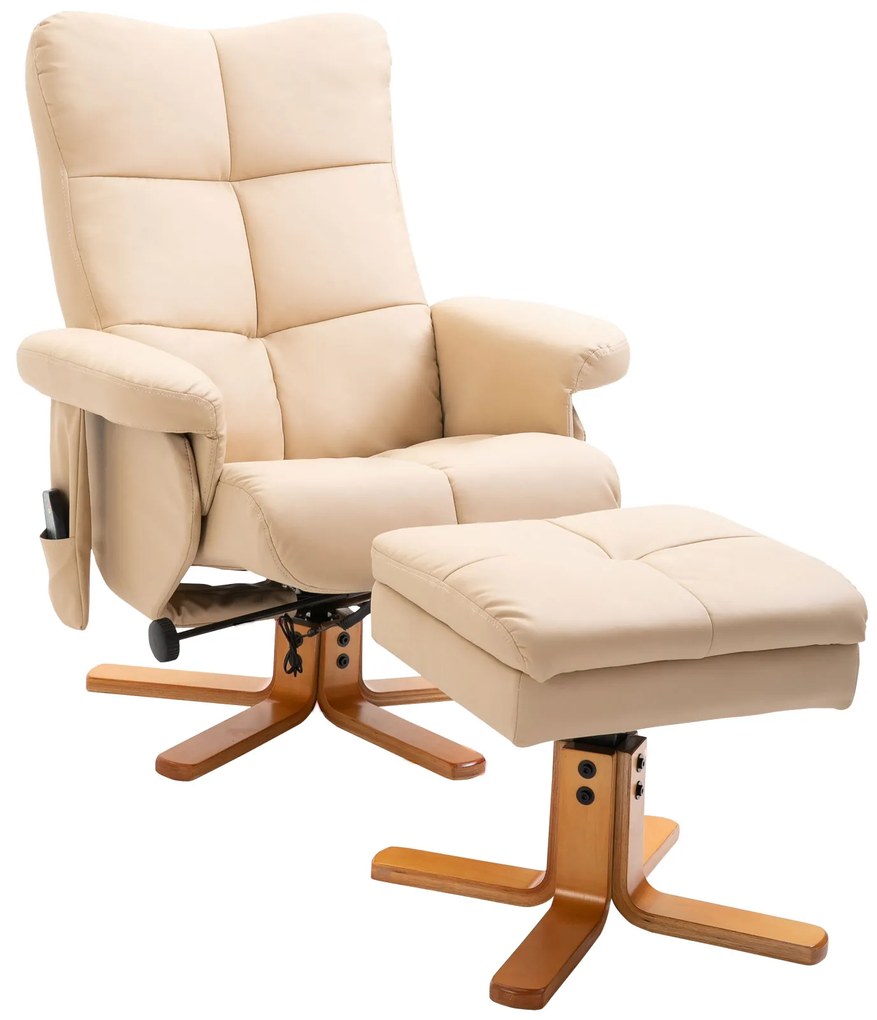 HOMCOM Massagesessel cu Hocker, Scaun de relaxare electric rotativ la 360° cu funcție de întindere și spațiu de depozitare, scaun TV cu buzunar lateral și telecomandă pentru sufragerie, piele ecologică, Crem | Aosom Romania