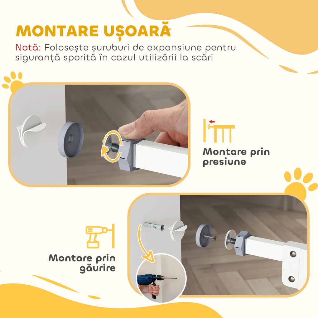 PawHut Poartă Extensibilă pentru Câini fără Șuruburi, Poartă de Siguranță Reglabilă cu 2 Extensii, 94-100 cm, Alb | Aosom Romania