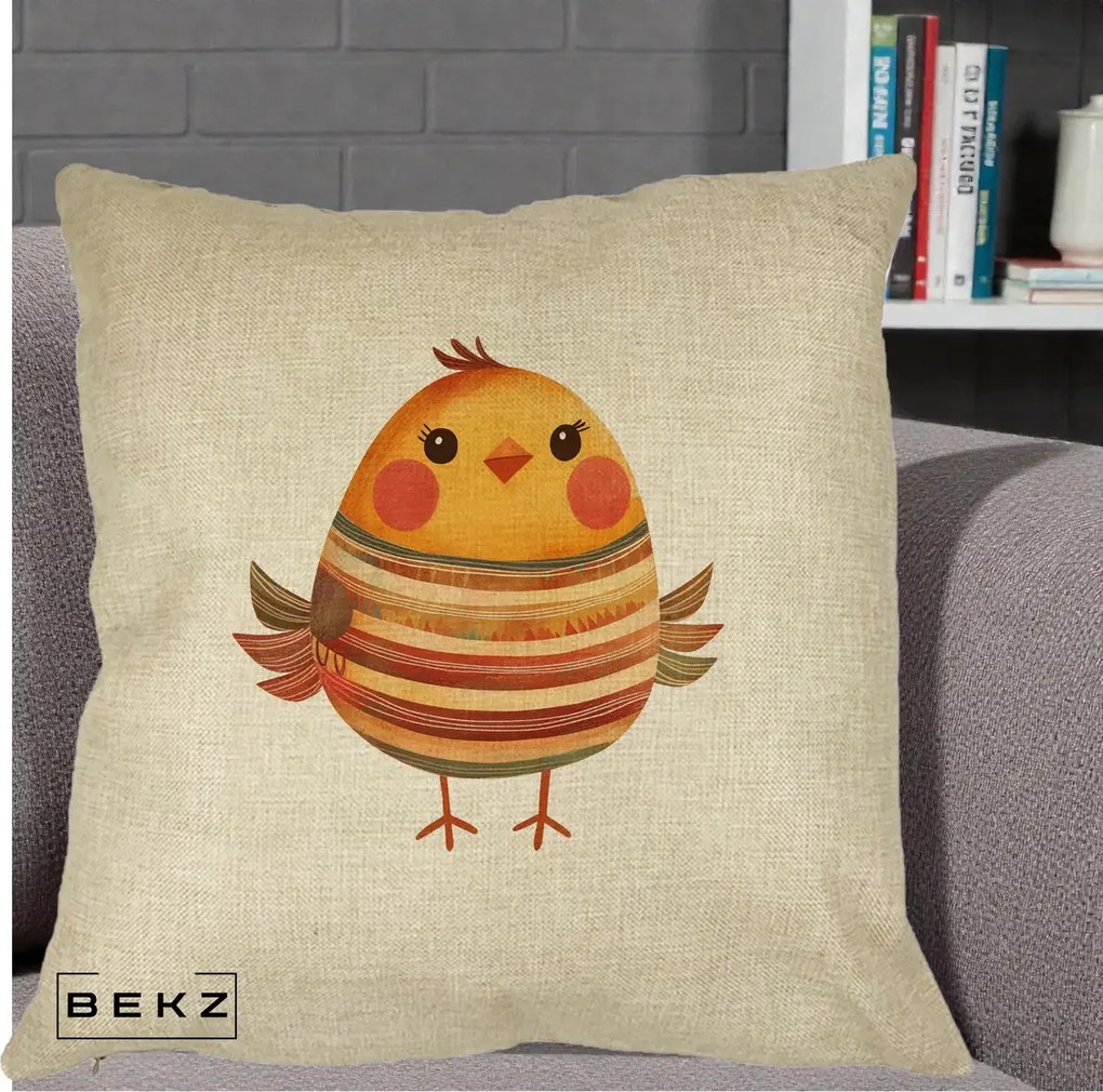 Perna Decorativa Pui Kawaii Portocaliu Dungi Calde, 40x40 cm, Crem, Husa Detasabila, Perna Inclusa, BEKZ®
