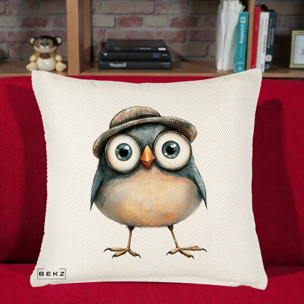 Perna Decorativa Pui cu Palarie Rotunda, 40x40 cm, Crem Reliefat, Husa Detasabila, Perna Inclusa, BEKZ®