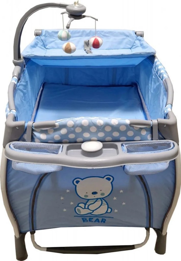 Patut Pliabil rotund cu balansoar, Tarc copii Baby Care™ PRO FRW, 2 Niveluri de inaltime, Cu melodii si Masa infasat, Carusel cu jucarii din plus,