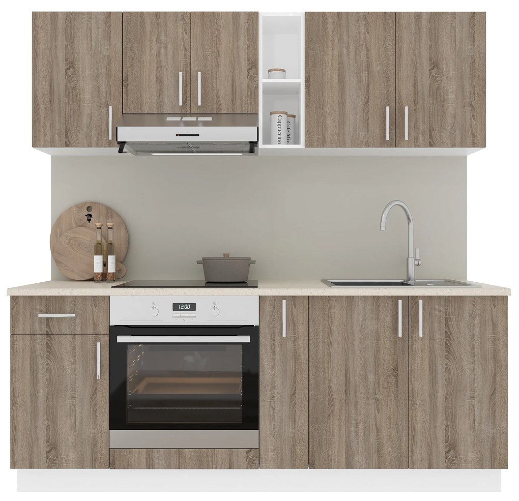 Set Bucatarie Karo V11, Stejar Sonoma Inchis/Alb, Blat Thermo 28 mm, L 200 cm