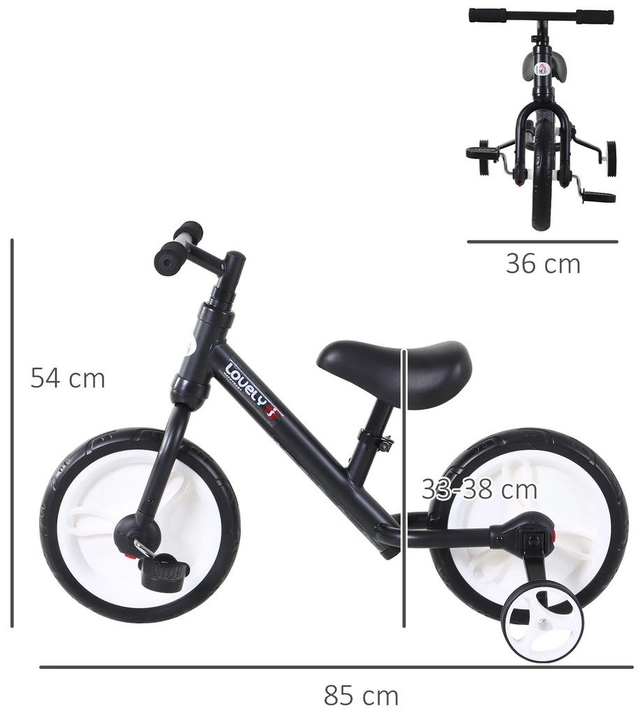 HOMCOM Bicicletă Fără Pedale Copii 2-5 Ani cu Șa Reglabilă, Roți și Pedale Negru | Aosom Romania