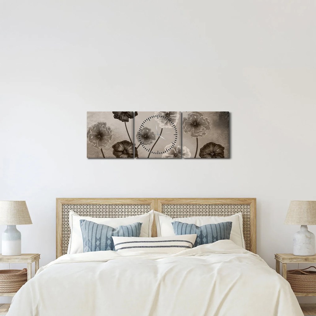 Tablou - Flori desenate (cu ceas) (90x30 cm)