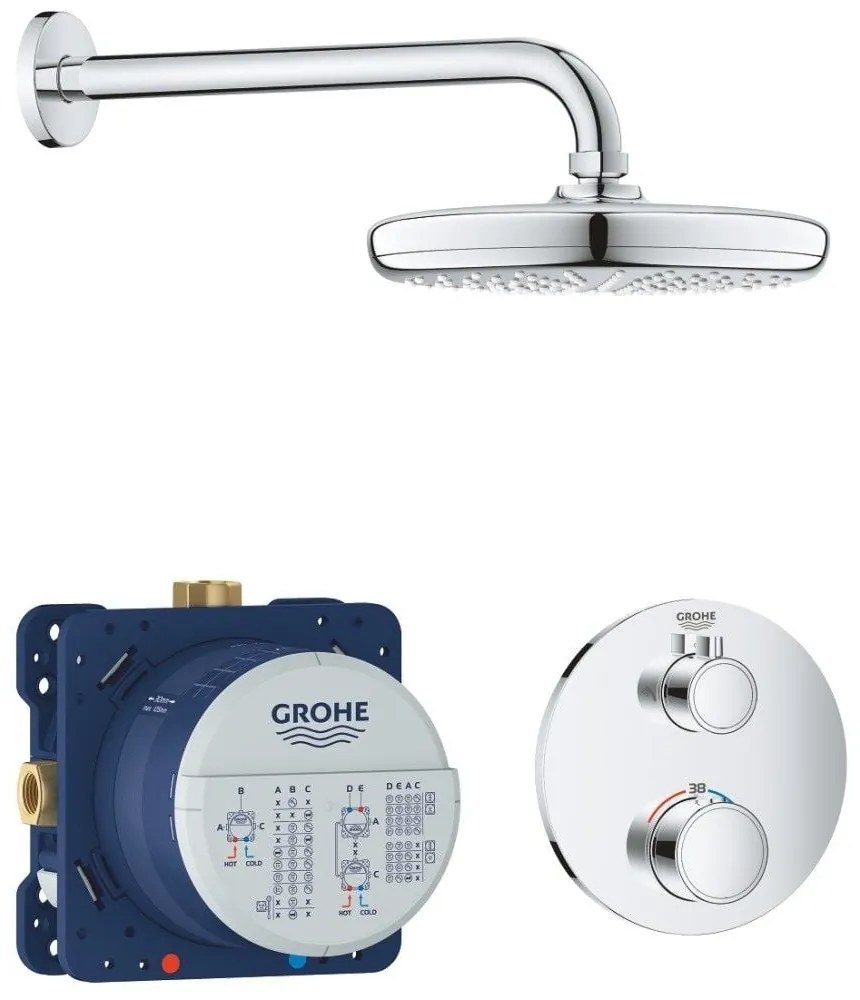 Sistem dus incastrat cu termostat Grohe Grohtherm Perfect Tempesta 210, fara para dus de mana, baterie rotunda