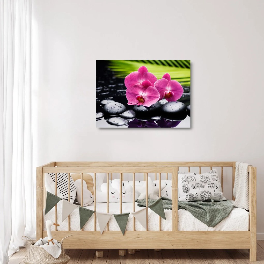 Tablou pe sticlă - Orhidee roz cu frunze de palmier (70x50 cm)