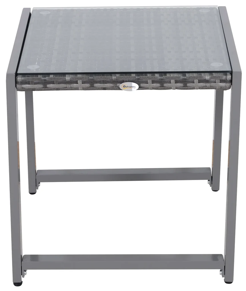 Outsunny Masă de Cafea pentru Terasă și Grădină cu Cadru din Aluminiu și Ratan PE, Suprafață Acoperită cu Sticlă, 50x50x50cm, Gri | Aosom Romania