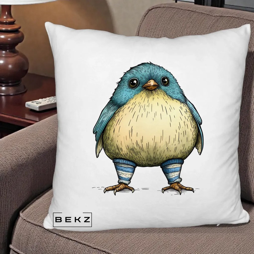 Perna Decorativa Pasare Albastra cu Sosete Albastre, 40x40 cm, Alb Pufos, Husa Detasabila, Perna Inclusa, BEKZ®
