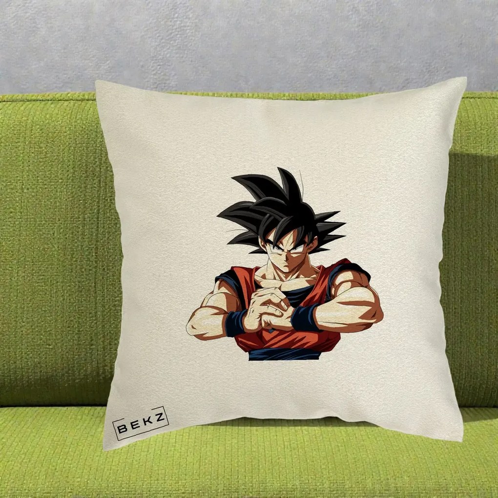 Perna Personalizata Dragon Ball Goku Portret Serios, 40x40 cm, Ecru, Husa Detasabila, Perna Inclusa, BEKZ®