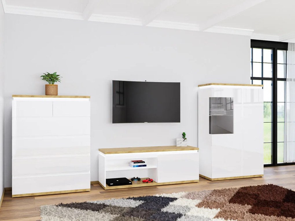Mobilă pentru sufragerie Boston CM111 Alb lucios, Stejar artizanal, Piese individuale, Cu comodă tv, Cu componente suplimentare, PAL laminat, 149x333x43cm