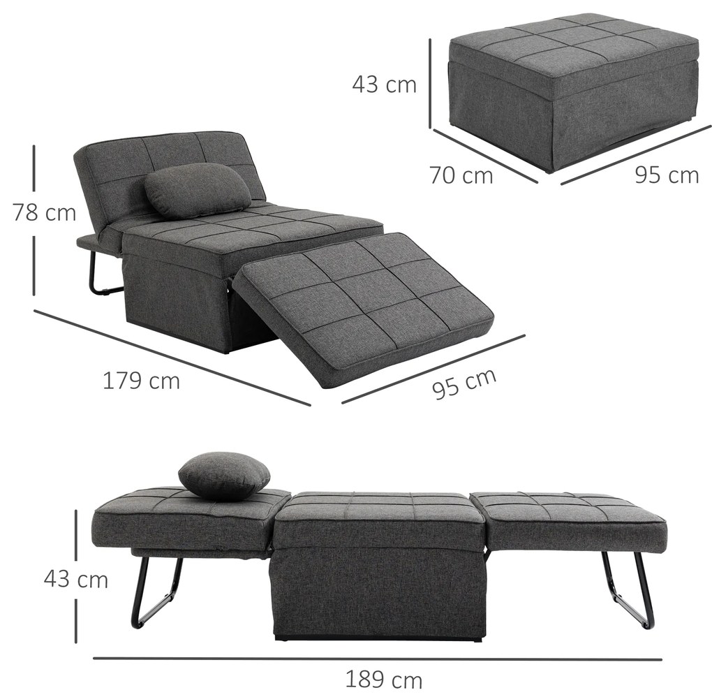 HOMCOM Canapea extensibilă cu Spătar Reglabil pe 5 Nivele și Pernă Suplimentară, 95x179x78 cm, Gri | Aosom Romania