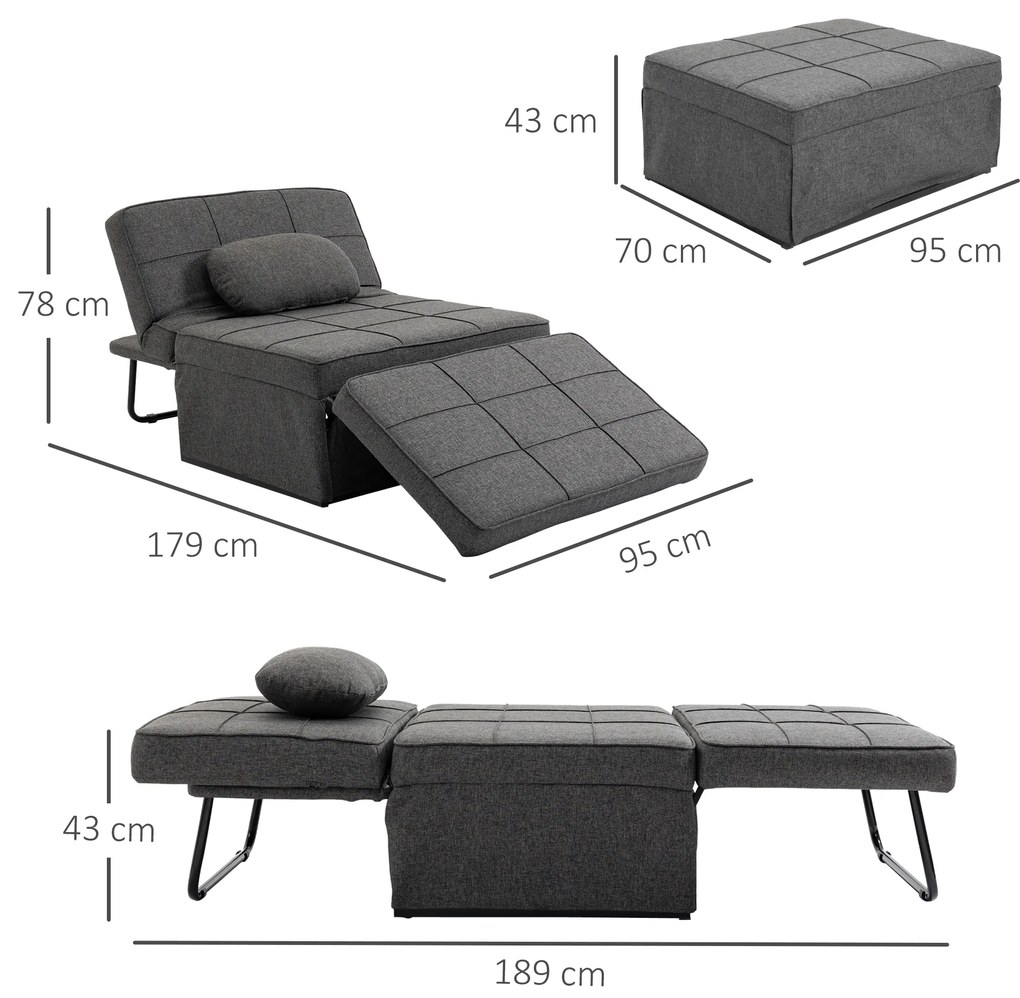 HOMCOM Taburet Pat Individual 3 în 1 cu Spătar Reglabil pe 5 Nivele și Pernă Suplimentară, 95x179x78 cm, Gri | Aosom Romania