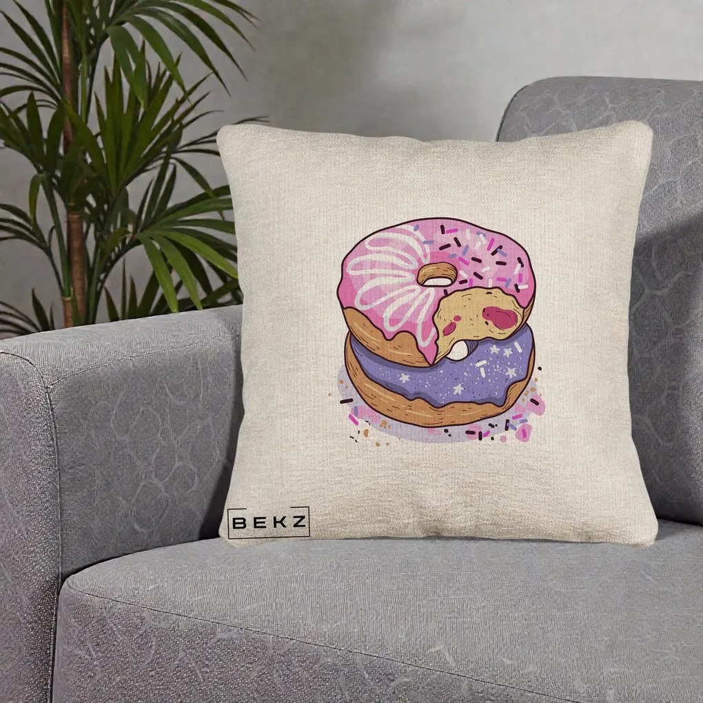 Perna Decorativa Donuts Roz si Mov, 40x40 cm, Bej Canapea, Husa Detasabila, Perna Inclusa, BEKZ®
