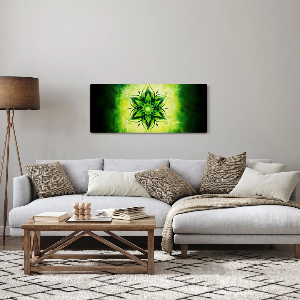 Tablou - Mandala de flori, fundal verde (120x50 cm)