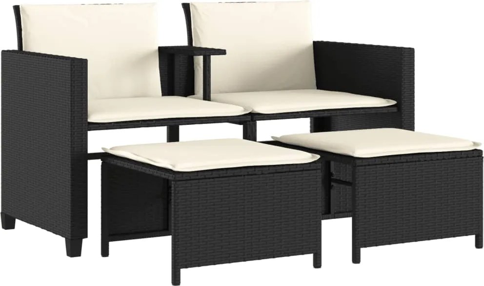 vidaXL Canapea de grădină cu 2 locuri cu masă și scaune negru poliratan