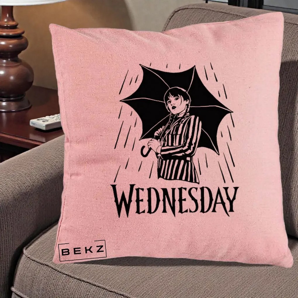 Perna Personalizata Wednesday cu Umbrela Ploaie Lineart, 40x40 cm, Roz, Husa Detasabila, Perna Inclusa, BEKZ®