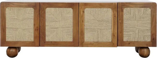 Bufet TV din lemn de acacia, maro, cu 4 uși cu panouri din ratan împletit și picioare sferice, 60 x 165 x 45 cm, „Savanah”