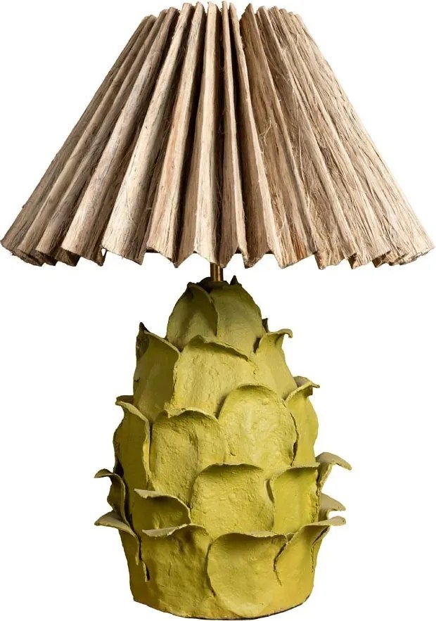 Lampă de masă din iută cu abajur plisat natur și structură din hârtie mâché verde, formă florală sculptată, finisaj natural, 67,5×50 cm, „Artyso"