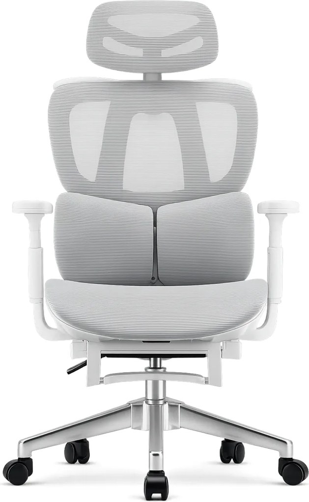 MILANO E06 Executive – Scaun Ergonomic cu Suport Lombar Reglabil în 2 Trepte, Tetieră Reglabilă, Cotiere 3D, Reclinare 135°, Umeraș Integrat, Suport pentru Picioare și Bază Metalică, Mesh, Gri
