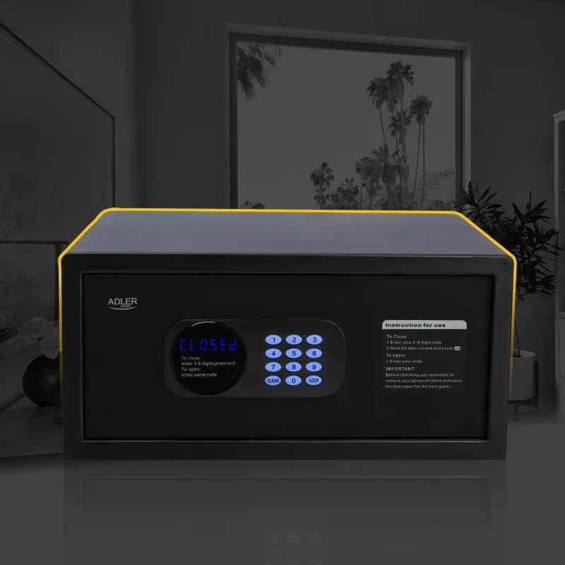 Seif electronic Adler AD 1045, 200x420x370 mm, 14 l, Blocare după 4 încercări greșite, Avertizare baterie descărcată, Negru