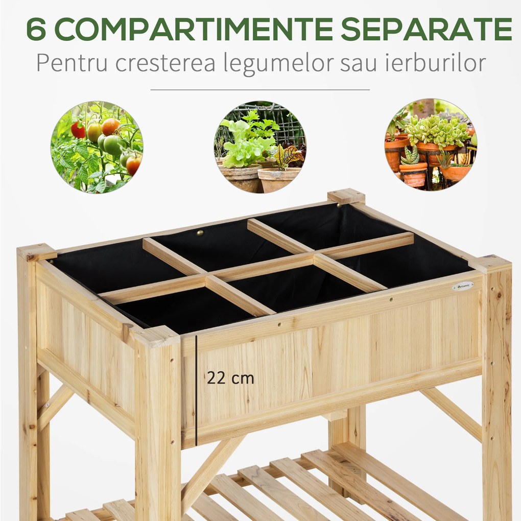 Outsunny Pat de Grădină pentru Legume cu 6 Compartimente, Jardinieră din Lemn de Brad, Suport pentru Plante Exterior, 78.5x58x81 cm | Aosom Romania