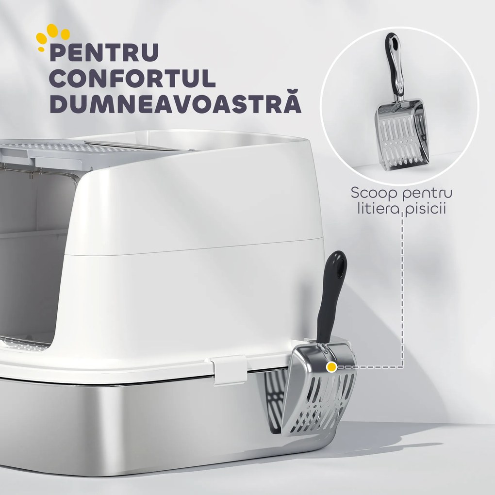 PawHut Litieră pentru pisici cu 2 intrări, deodorant și lopățică, Alb | Aosom Romania
