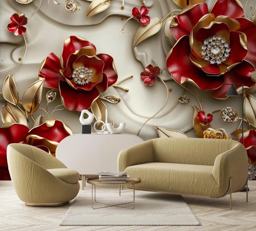 Fototapet - Flori 3D Roșu-Auriu (147x102 cm)