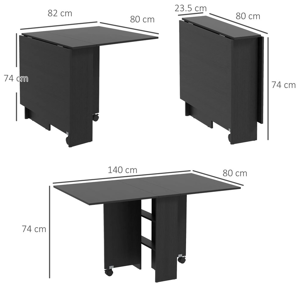 HOMCOM Masă Pliabilă, Masă Rabatabilă pentru 4-6 Persoane cu 2 Rafturi și 2 Roți, din Lemn și Metal, 140x80x74 cm, Negru | Aosom Romania