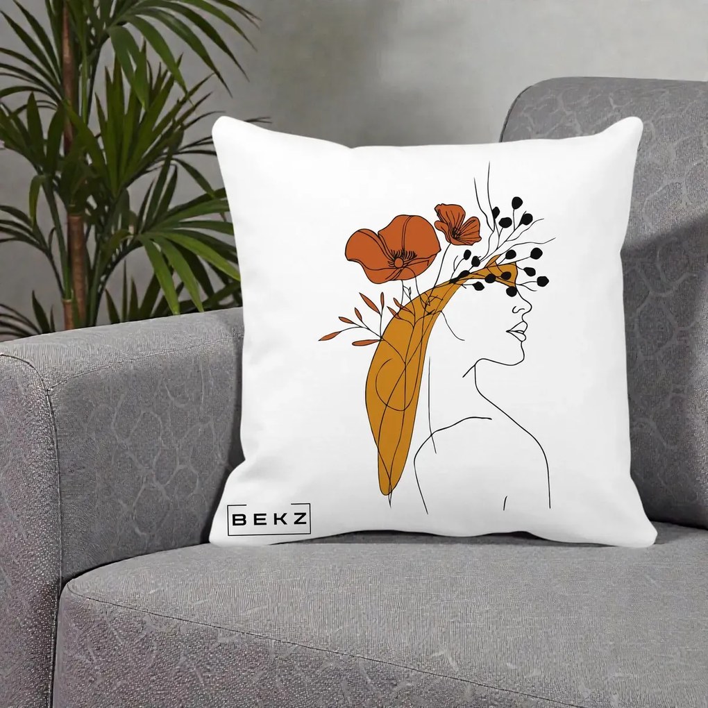 Perna Decorativa Portret Feminin Maci Rosii Auriu, 40x40 cm, Alba Mata, Husa Detasabila, Perna Inclusa, BEKZ®