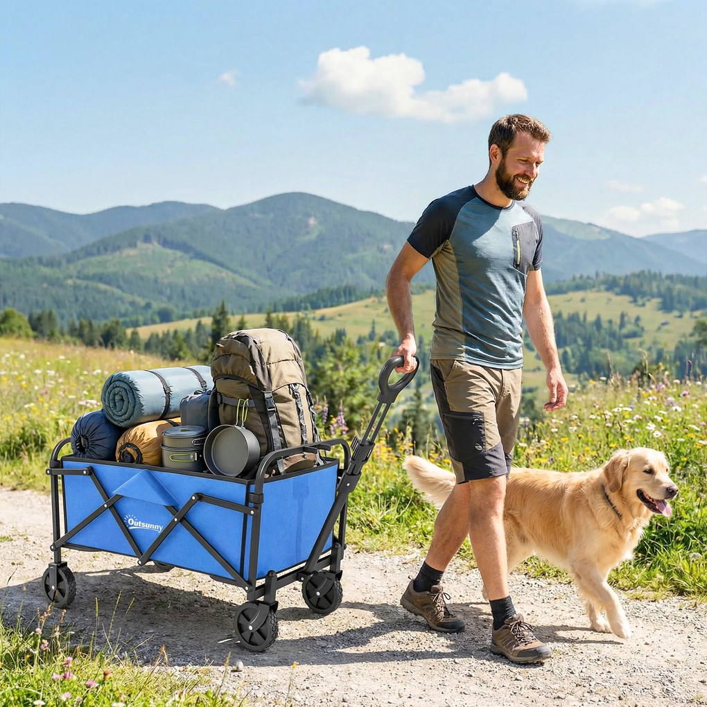 Outsunny Cărucior de grădină pliabil cu roţi mâner reglabil sarcină 68 kg pentru campanie cumpărături 81x45x89 cm albastru | Aosom Romania