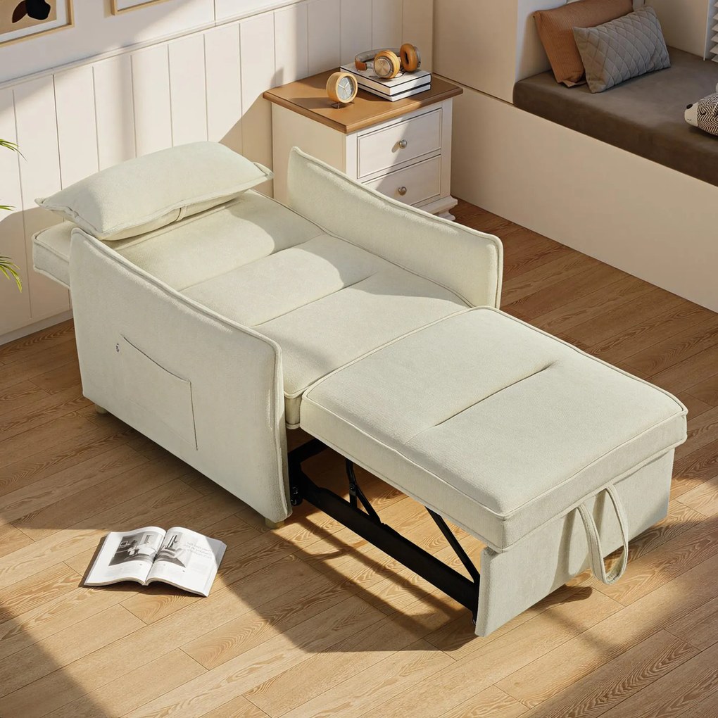 HOMCOM Fotoliu extensibil 3-în-1, fotoliu transformabil cu funcție de pat, pernă lombară, pentru living, crem | Aosom Romania