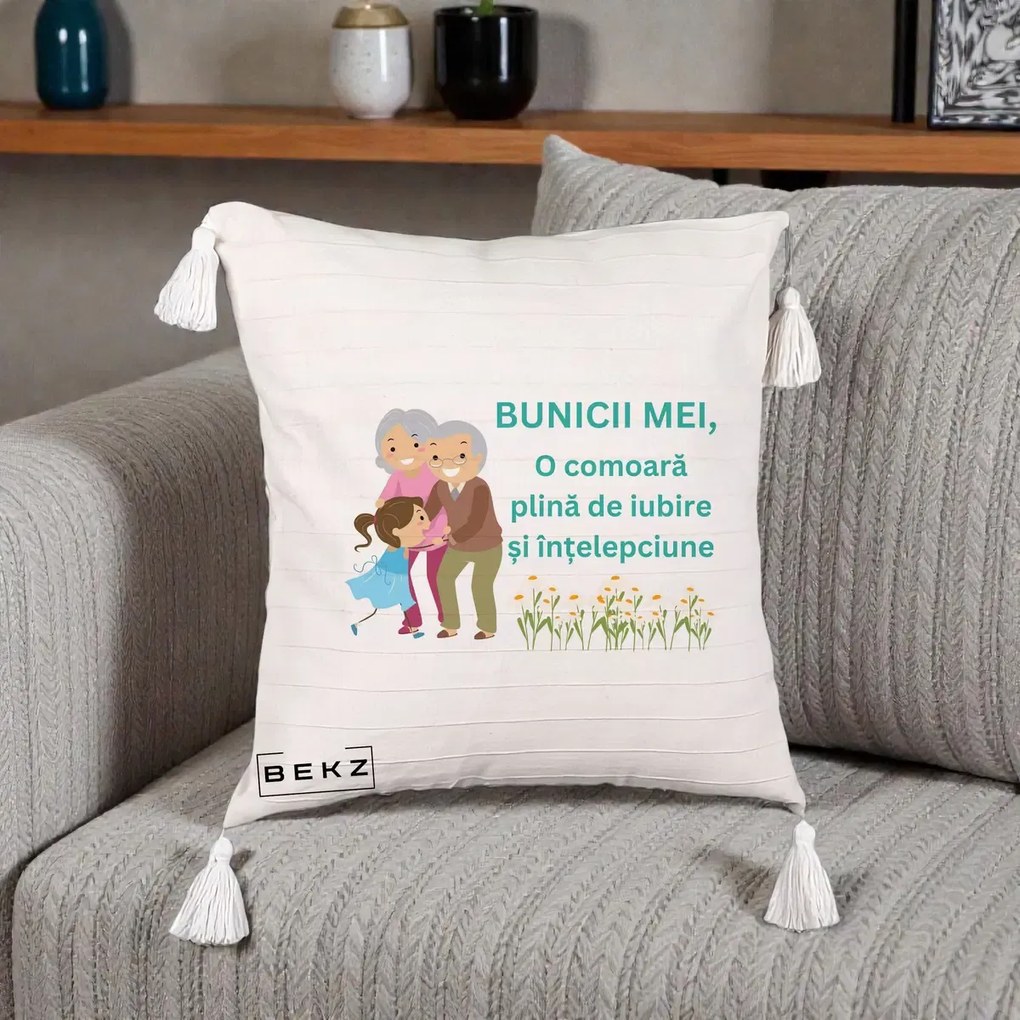 Cadou pentru Bunici - Perna Personalizata Bunicii Mei Comoara Iubire Intelepciune Nepoata, 40x40 cm, Bej cu Franjuri, Husa Detasabila, Perna Inclusa, BEKZ®