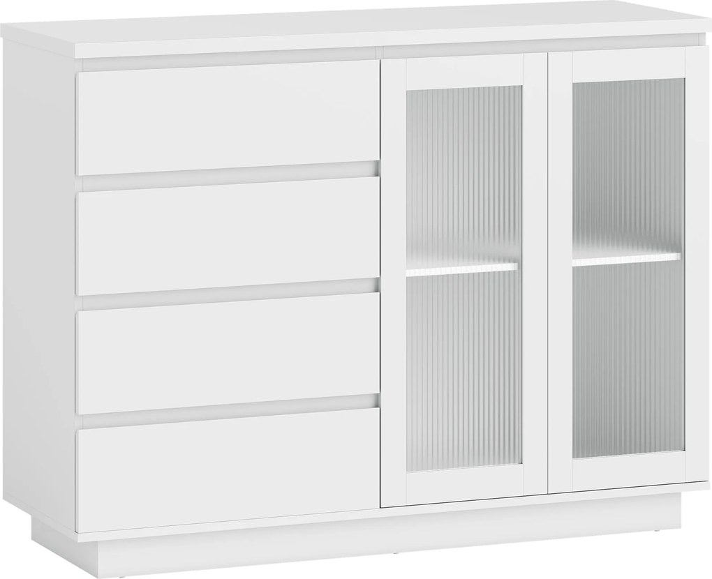 HOMCOM Bufet, sideboard cu 4 sertare, 2 uși din sticlă, design modern, MDF, Alb | Aosom Romania