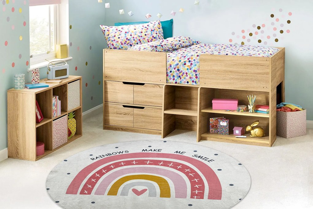 BAMBINO 47810 covor rotund lavabil Curcubeu, puncte pentru copii anti-alunecare - alb / roz