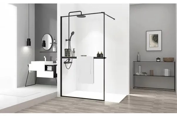 Paravan de dus tip Walk-in Rea Bler 100x195 cm si etajera cu suport negru