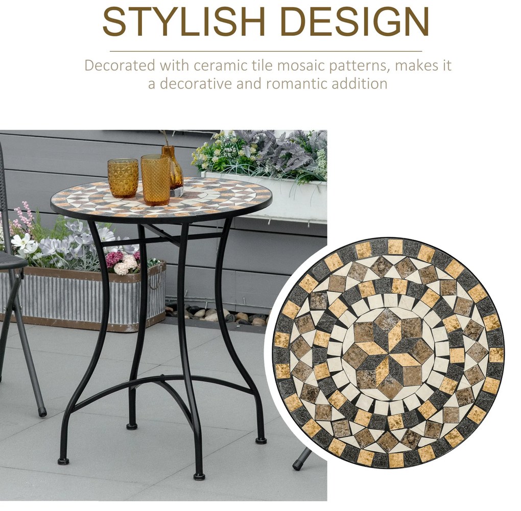 Outsunny Masă Rotundă Stil Bistro 60cm cu Mozaic pentru Grădină, Verandă, Balcon, Design Elegant, Gri | Aosom Romania