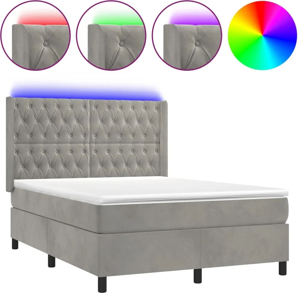 vidaXL Pat cu arcuri, saltea și LED, gri deschis, 140x200 cm, catifea