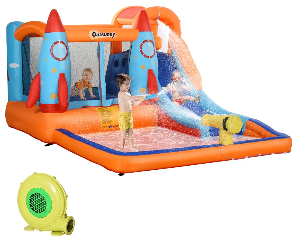 Outsunny Castel Gonflabil pentru Copii Piscina cu Tobogan si Trambulina, Pompa Electrica, 370x270x185cm, Multicolor | Aosom Romania