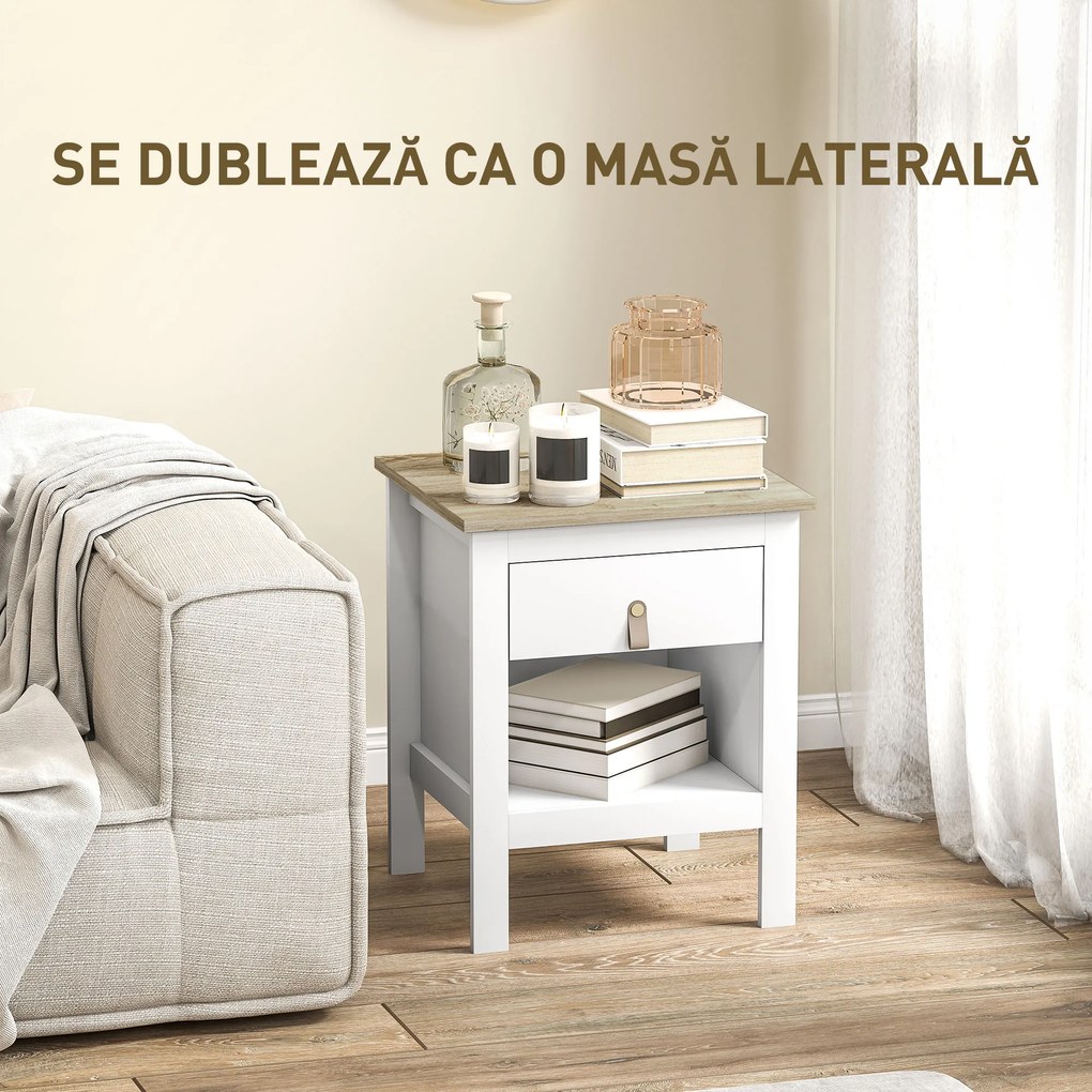 HOMCOM Set 2 Noptiere cu Sertar și Raft Deschis din Lemn Alb și Stejar | Aosom Romania