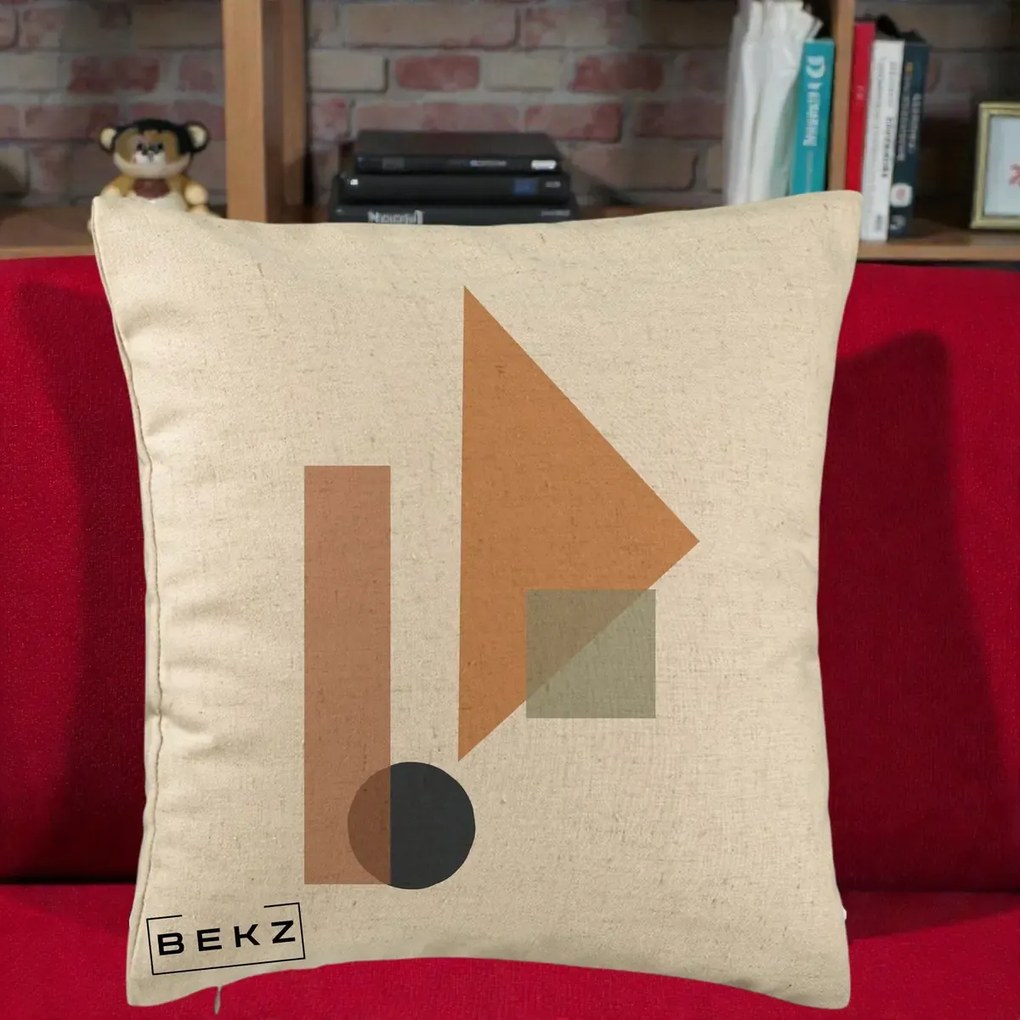 Perna Decorativa Geometric Bauhaus Triunghi, 40x40 cm, Bej, Husa Detasabila, Perna Inclusa, BEKZ®