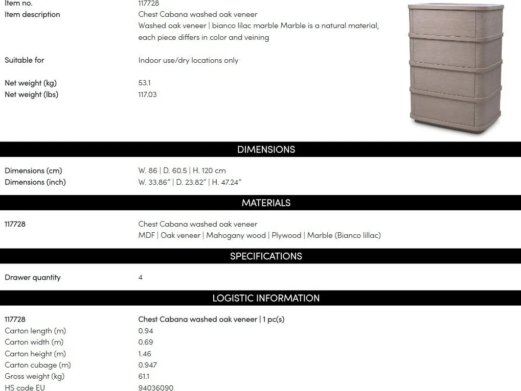 Dulapior inalt cu 4 sertare design LUX Cabana, stejar albit