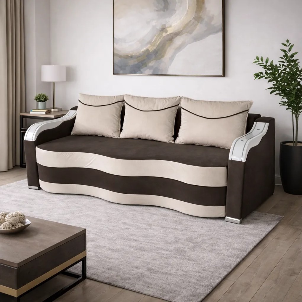Canapea DIANA extensibila, 3 locuri, cu lada de depozitare, catifea maro cappuccino si crem , 220x100x80 Maro Cappuccino + Crem, Catifea