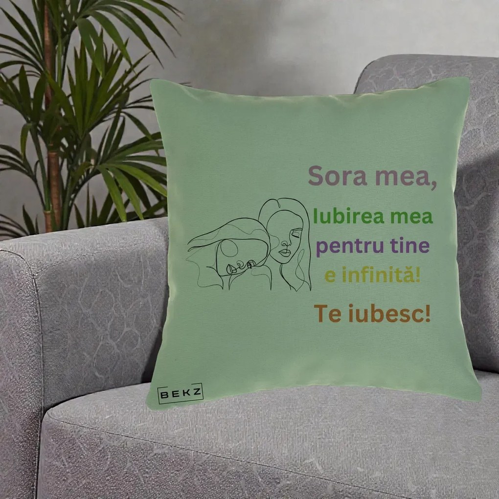 Cadou pentru Sora - Perna Personalizata Sora Mea Te Iubesc Line Art Fete Colorate Brate Ridicate, 40x40 cm, Verde, Husa Detasabila, Perna Inclusa, BEKZ®