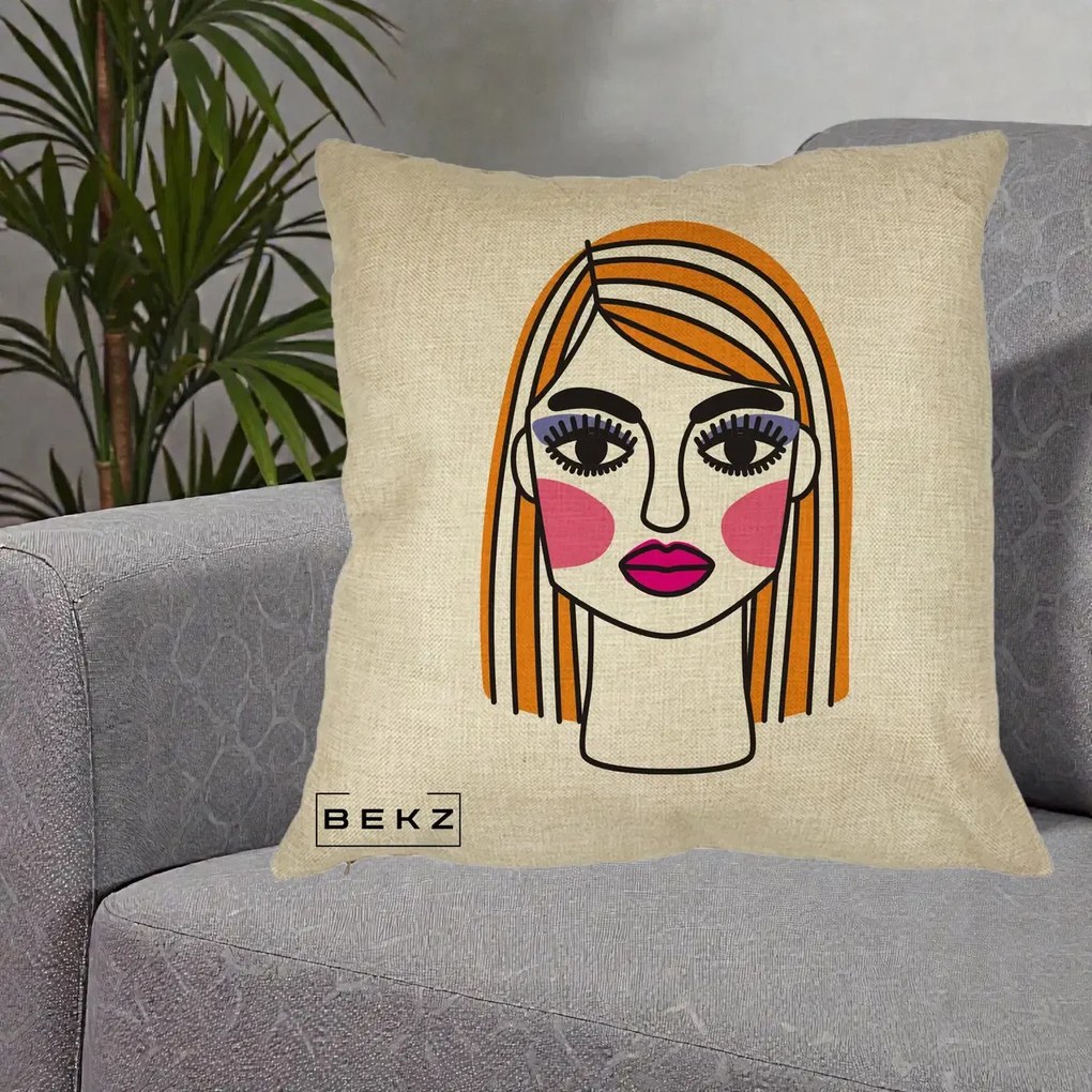 Perna Decorativa Portret Pop Art Fata, 40x40 cm, Crem, Husa Detasabila, Perna Inclusa, BEKZ®