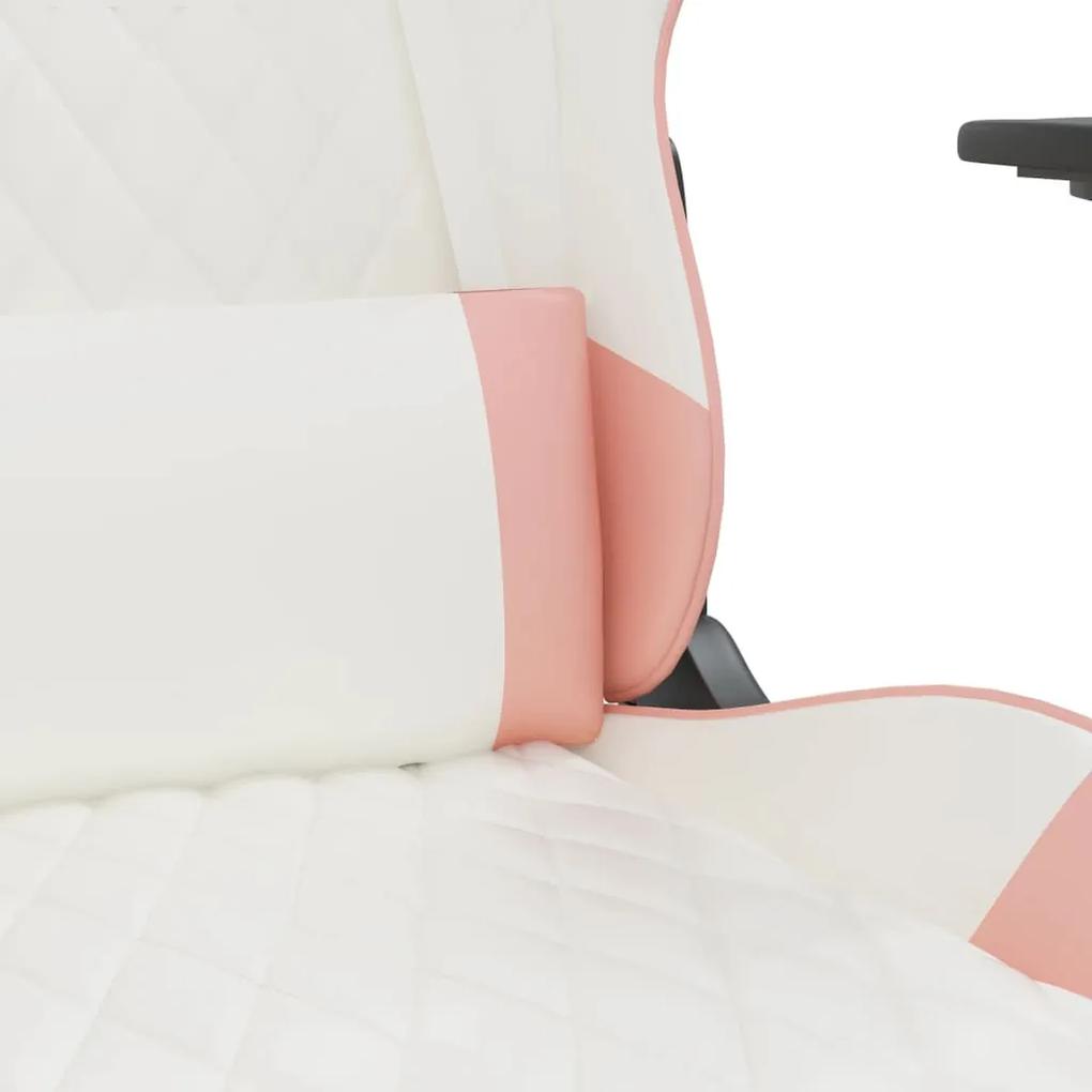 Scaun gaming de masaj suport picioare, alb roz, piele ecologica