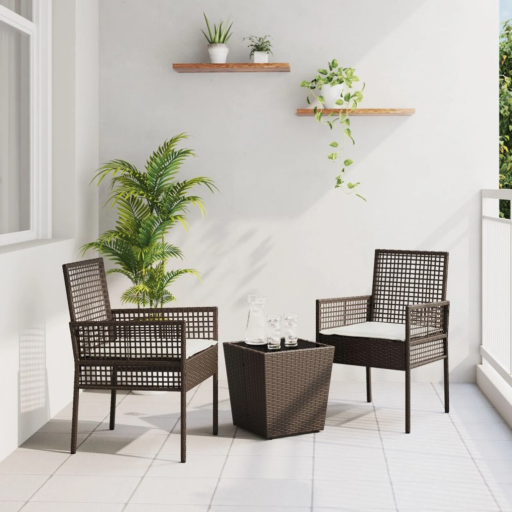 vidaXL Set bistro de grădină, 3 piese, cu perne, maro, poliratan