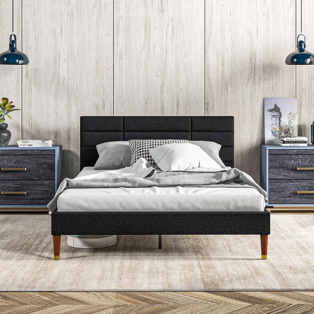 HOMCOM Cadru de pat dublu pentru 2 persoane cu somier cu lamele și cap de pat tapitat compatibil cu salteaua 140 x 200 cm, negru | Aosom Romania