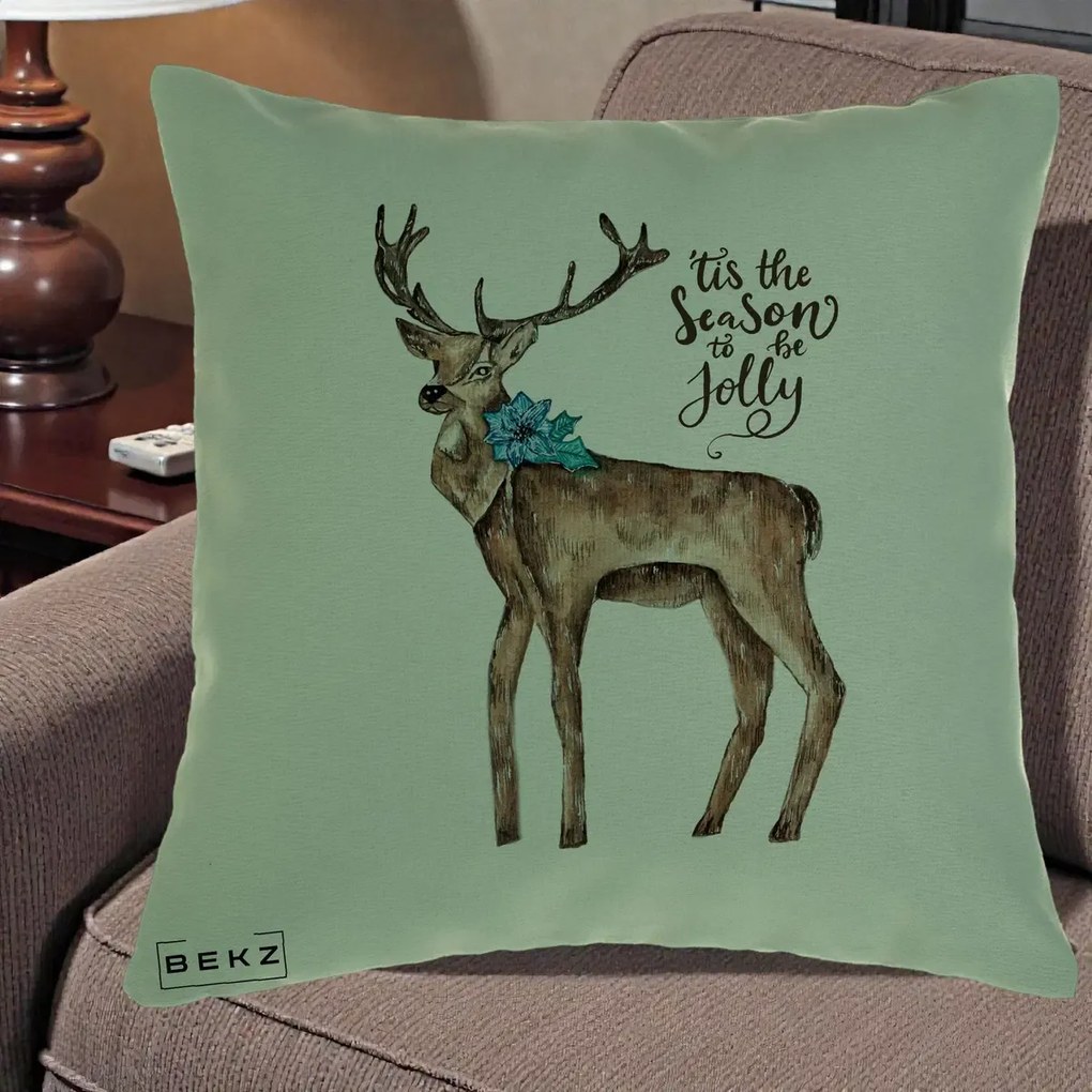 Perna Decorativa Ren Tis the Season to be Jolly, 40x40 cm, Verde, Husa Detasabila, Perna Inclusa, BEKZ®