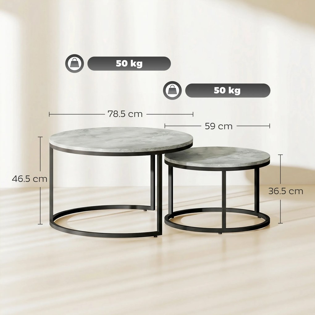 HOMCOM Set 2 măsuțe de cafea moderne, suprapuse, rotunde, gri marmorat | Aosom Romania