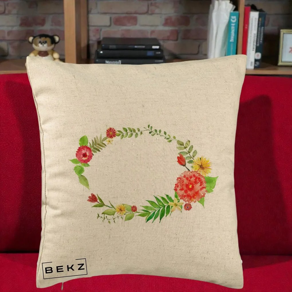 Perna Decorativa Coroana Florala Acuarela, 40x40 cm, Bej, Husa Detasabila, Perna Inclusa, BEKZ®